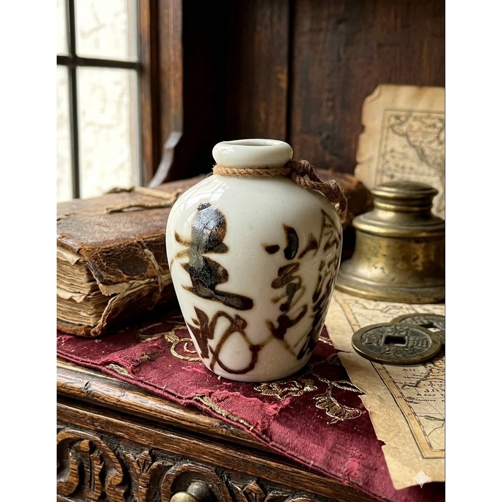 Vintage Japanese Ceramic Sake Bottle Kanji Calligraphy Porcelain Bud Vase Jar